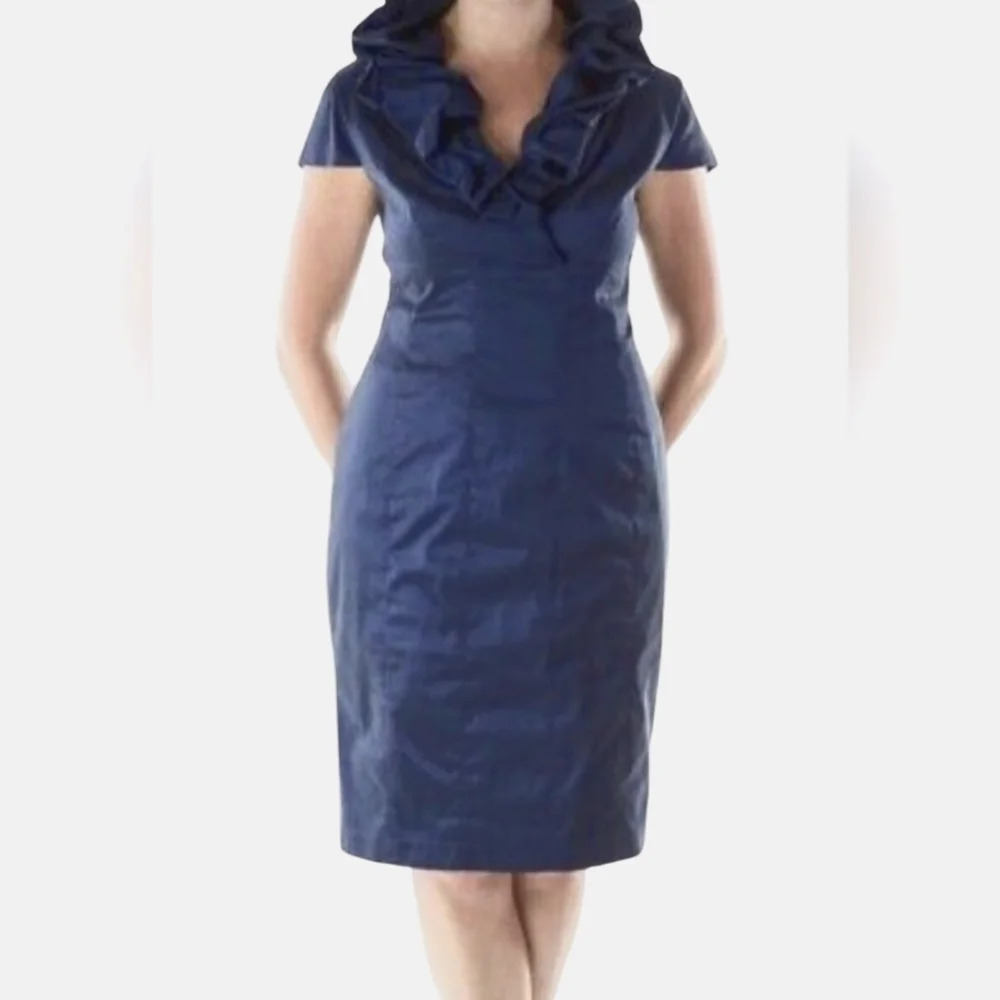 Adrianna Papell Navy Blue Metallic Taffeta Ruffle Neck Women's Dress Size 10